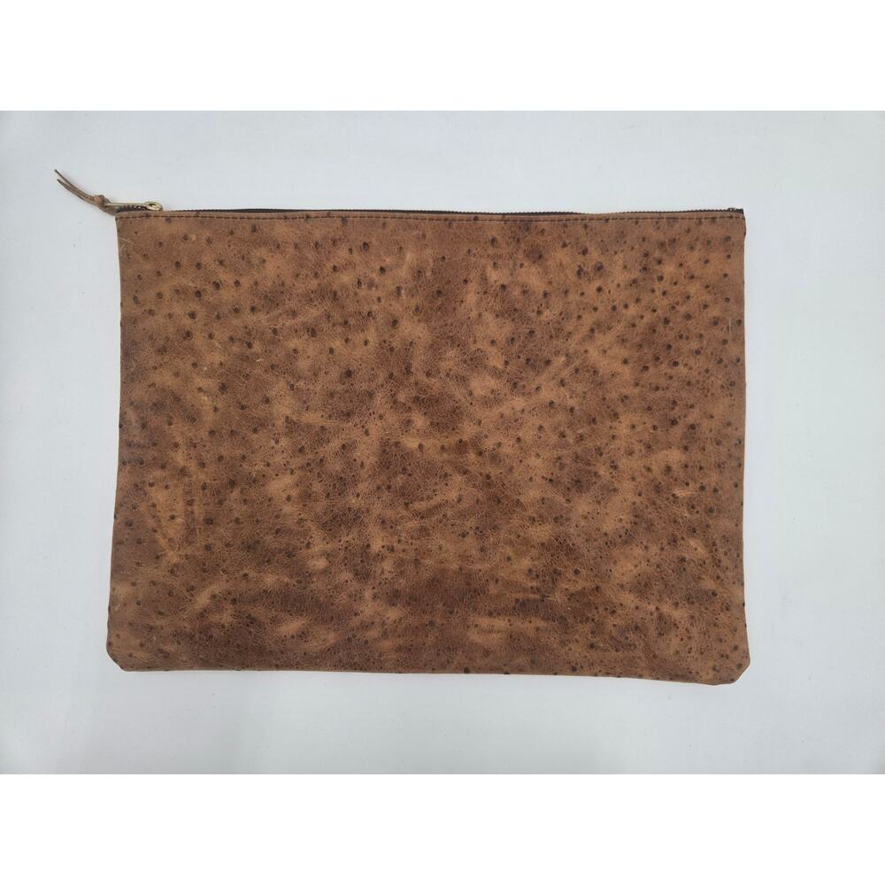 Genuine Ostrich Leather Laptop Sleeve Zip Pouch Brown Exotic Unbranded